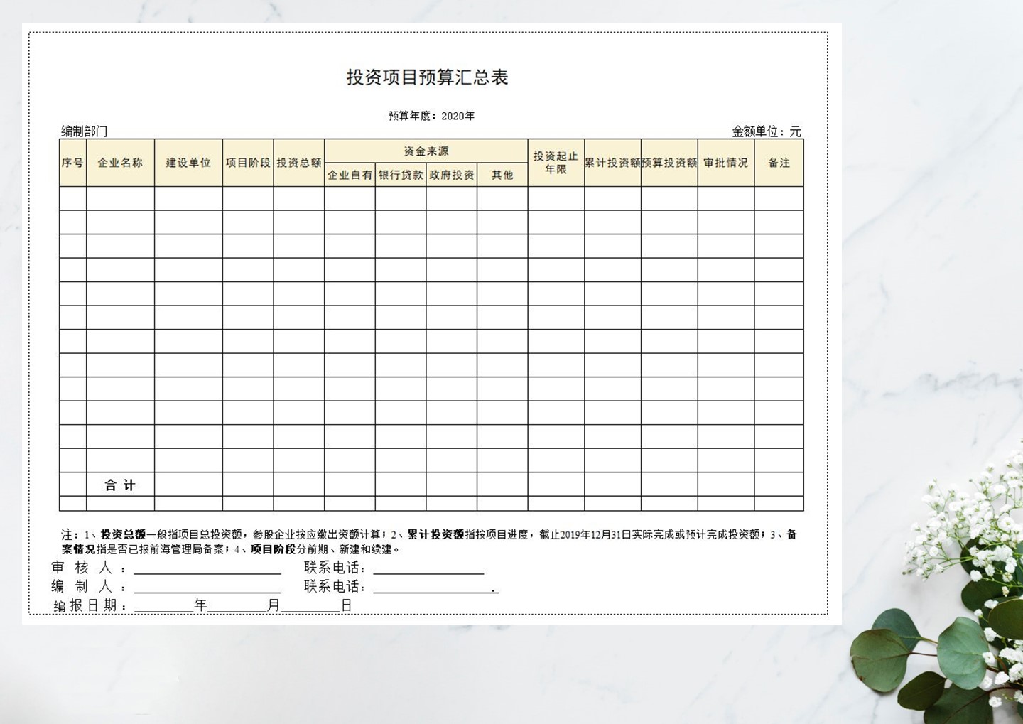 投资项目预算汇总表