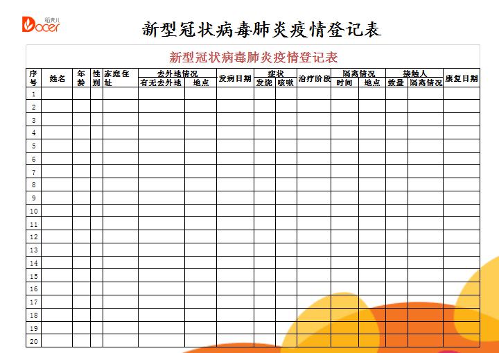 新型冠状病毒肺炎疫情登记表