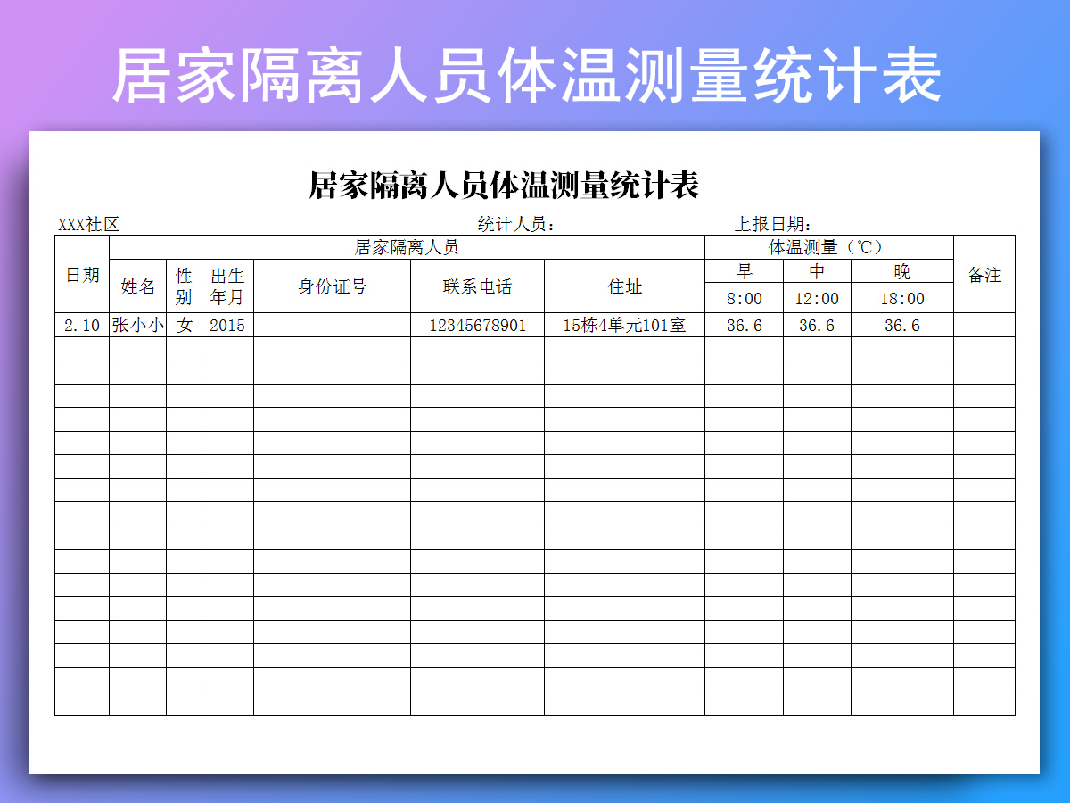 居家隔离人员体温测量统计表