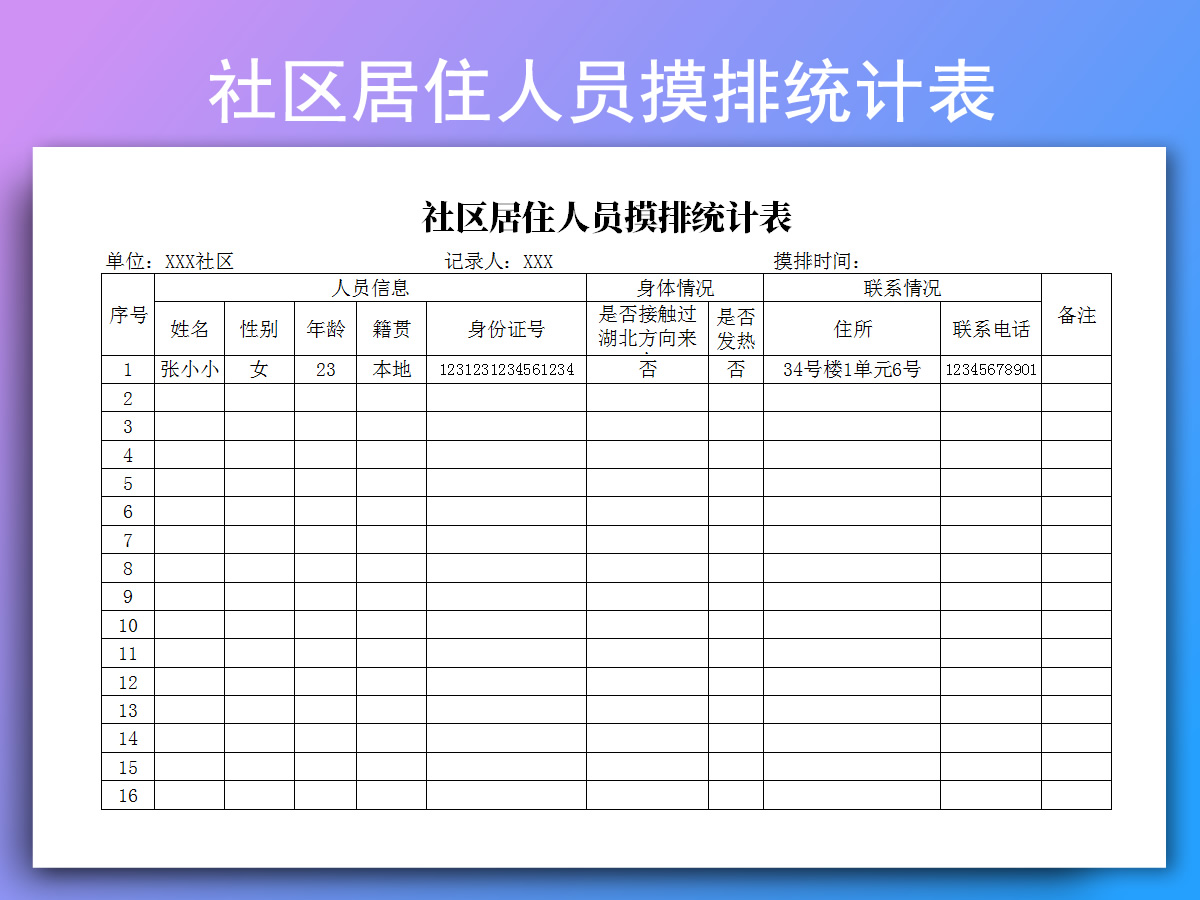 社区居住人员摸排统计表