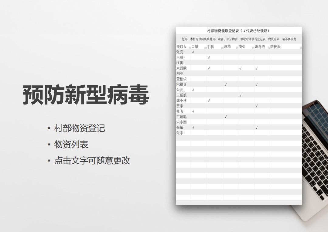 新型肺炎村部物资领取登记表