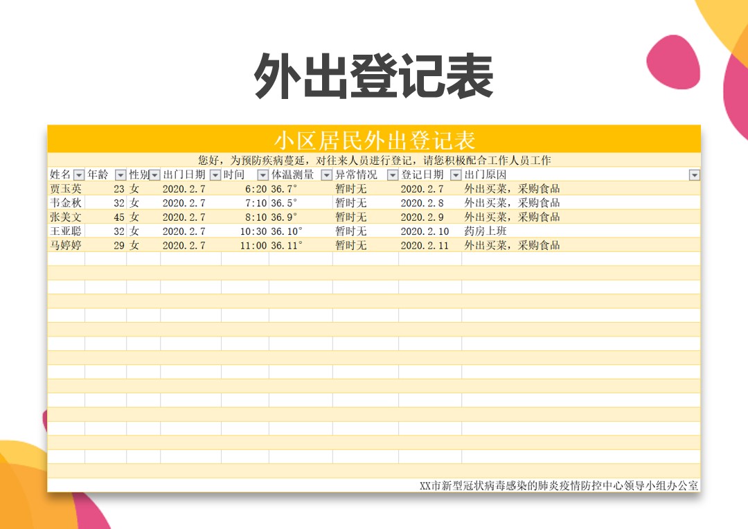 预防新型病毒小区居民外出登记表