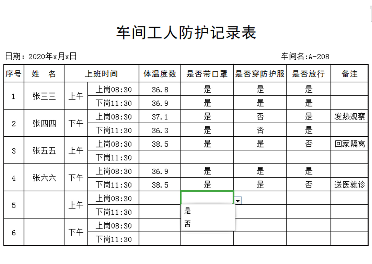 车间工人防护管理记录表