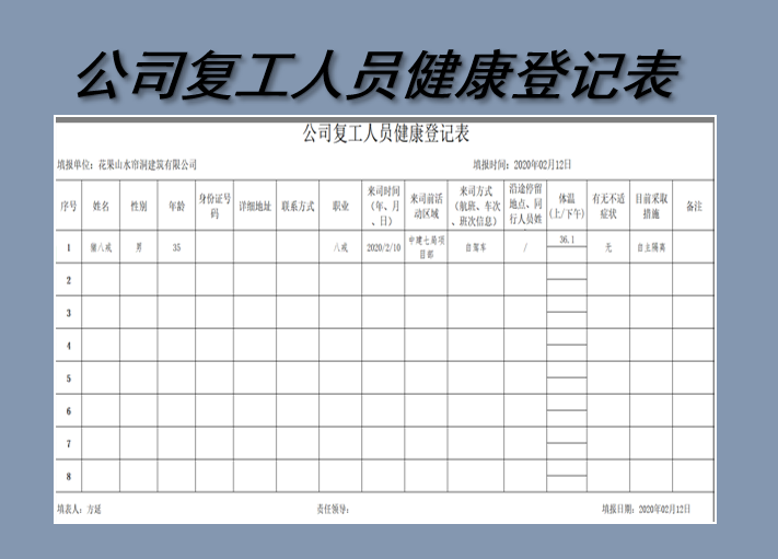 公司复工人员健康登记表