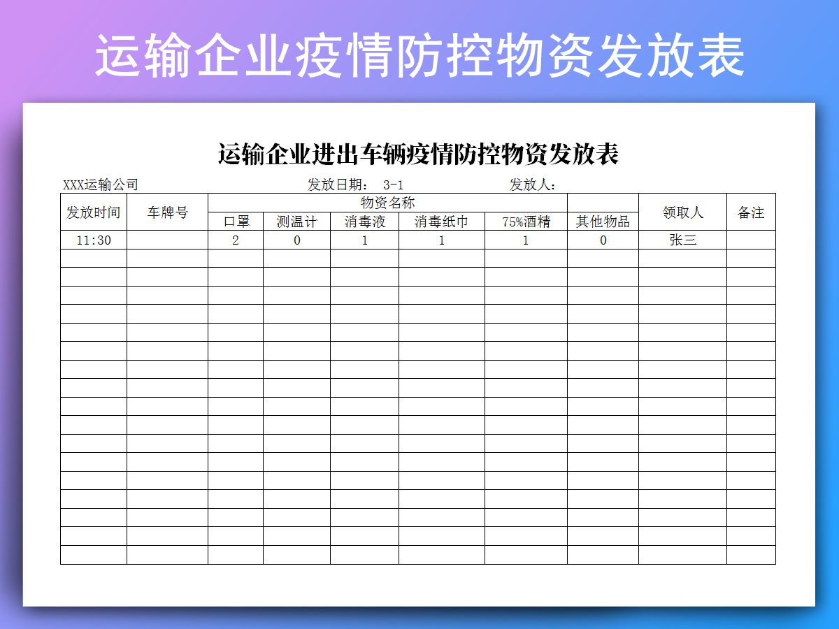 企业进出车辆疫情防控物资发放表