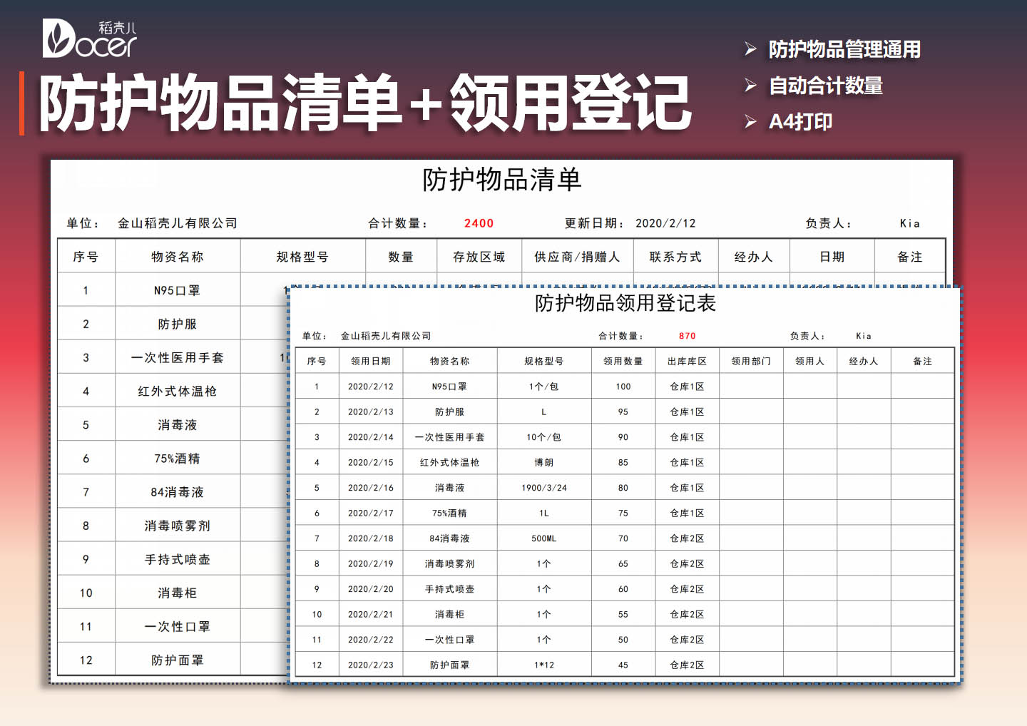 防护物品清单（含领用登记表）