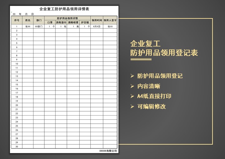 企业复工防疫用品领用登记表