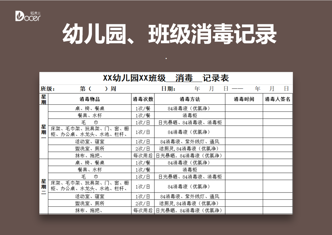 幼儿园学校班级消毒登记表