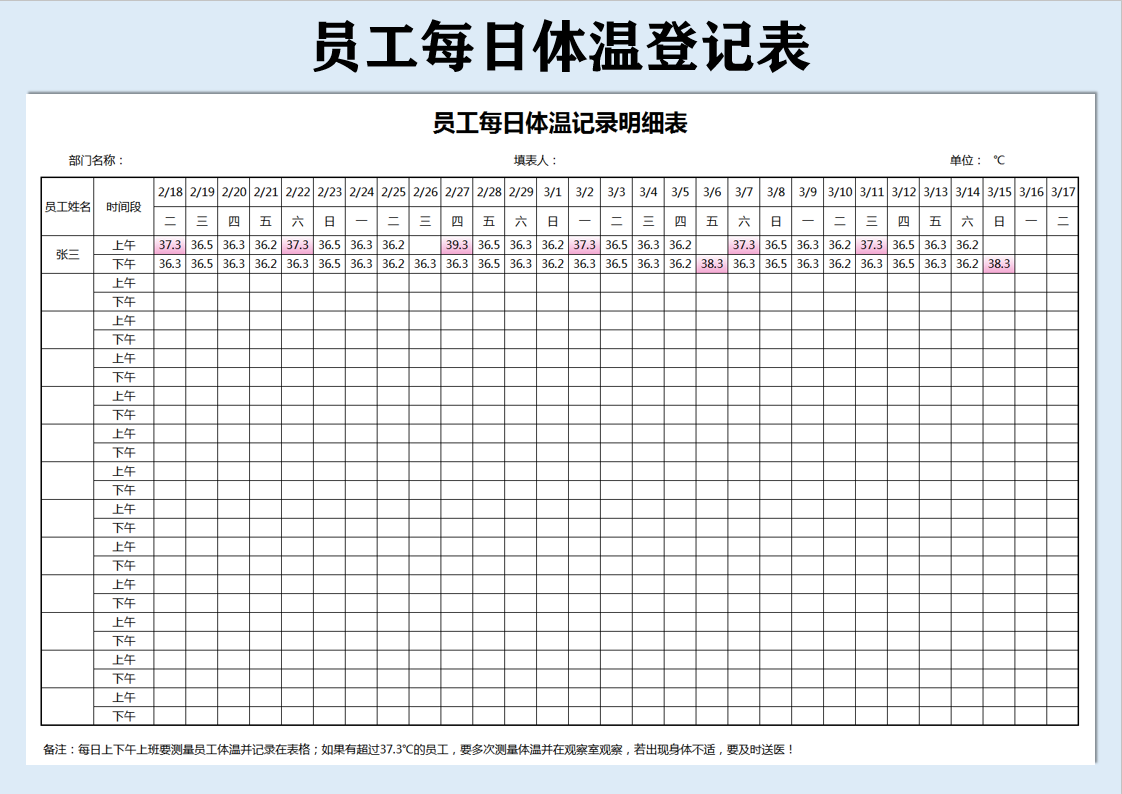 员工每日体温记录明细表