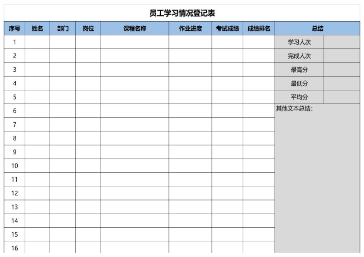 员工学习情况登记表