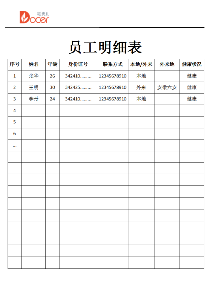 企业复工申请表-员工明细表