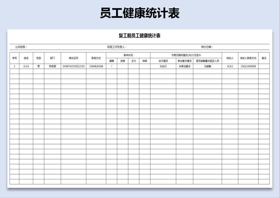 复工前员工健康统计表