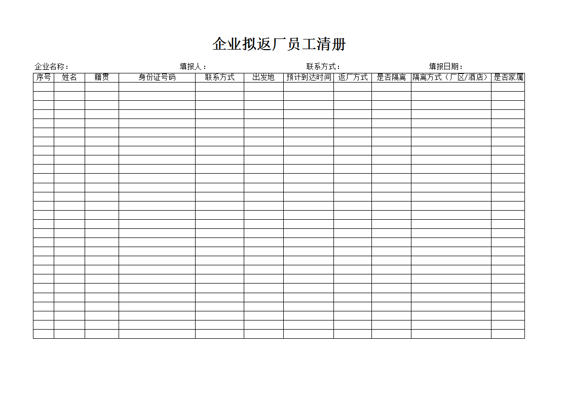 企业员工防疫花名册（模板）