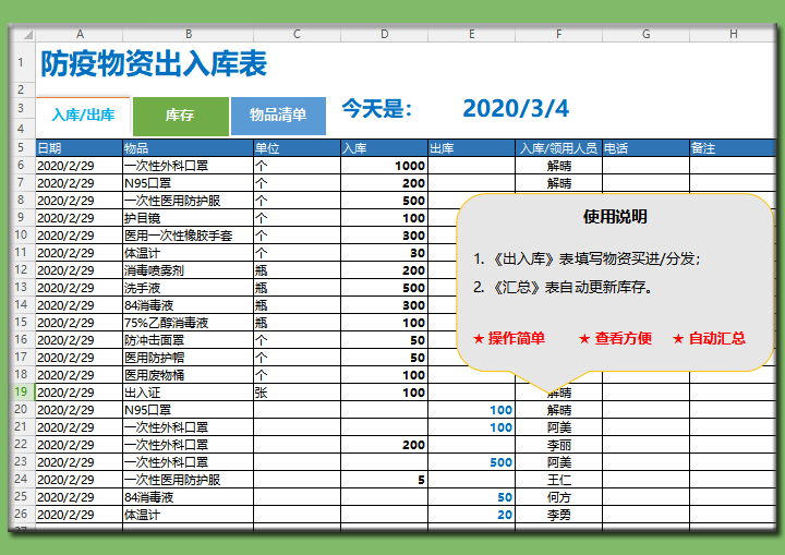 防疫物资出入表（自动汇总库存）