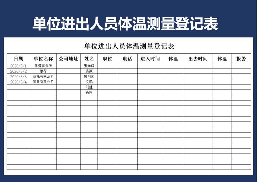 单位进出人员体温测量登记表