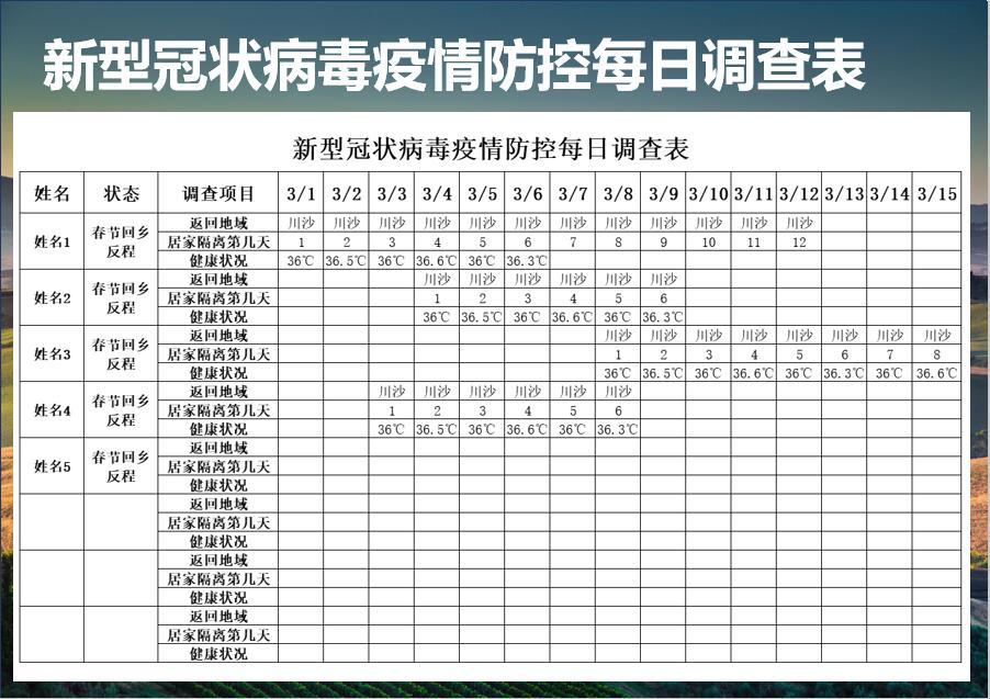 新型冠状病毒疫情防控每日调查表