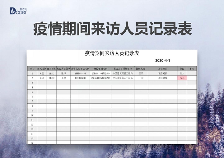 疫情期间来访人员记录表