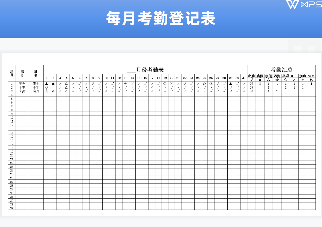 每月考勤登记表