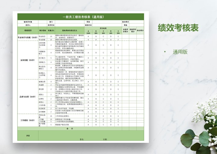 通用版员工绩效考核表