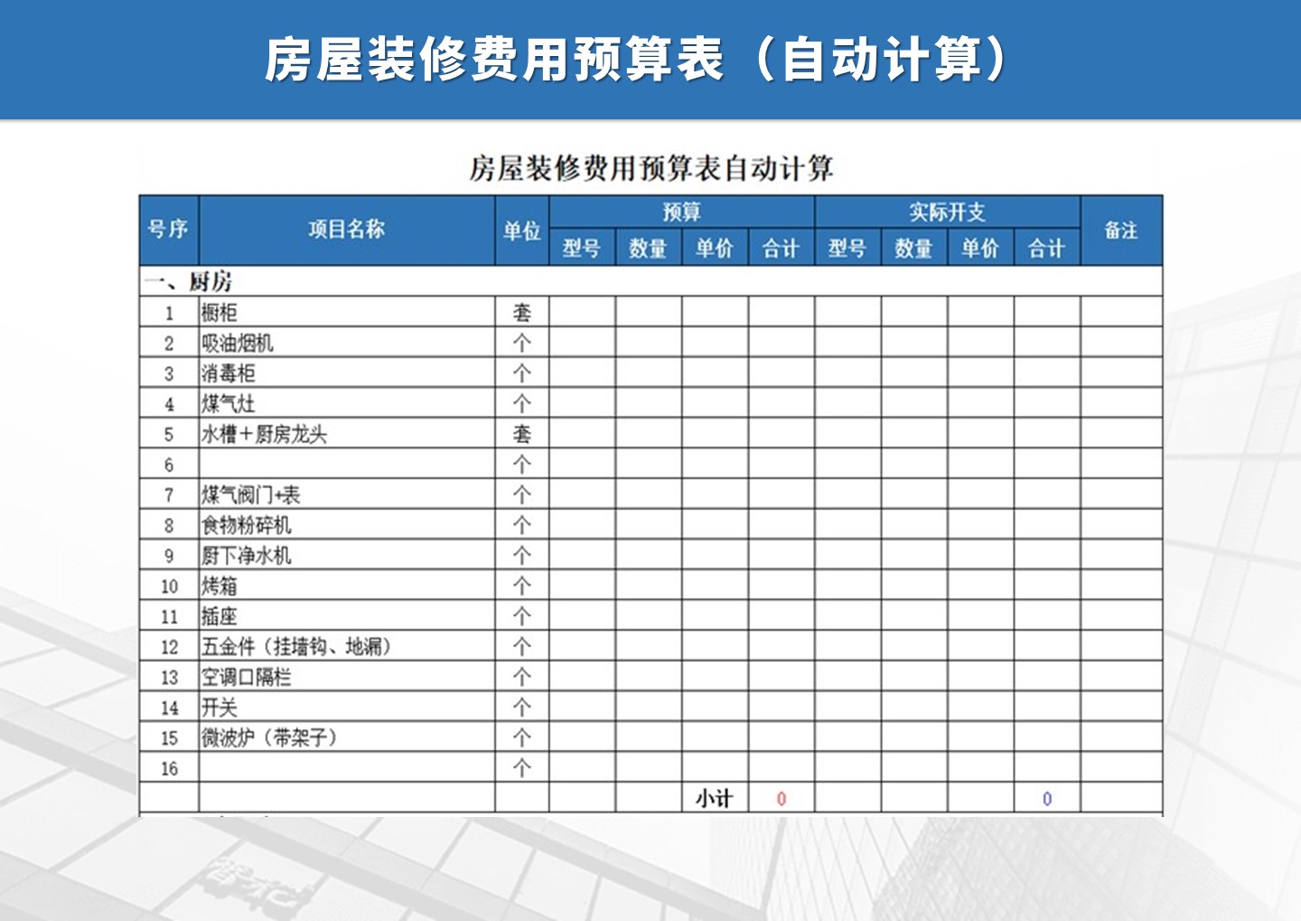 房屋装修费用预算表自动计算