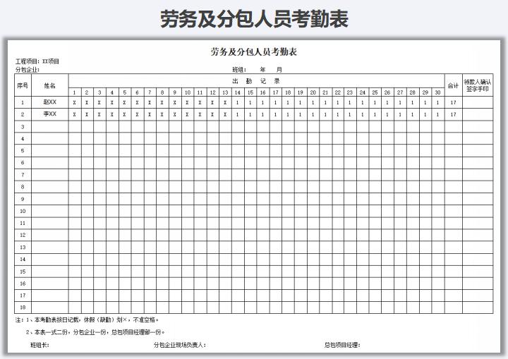 劳务及分包人员考勤表