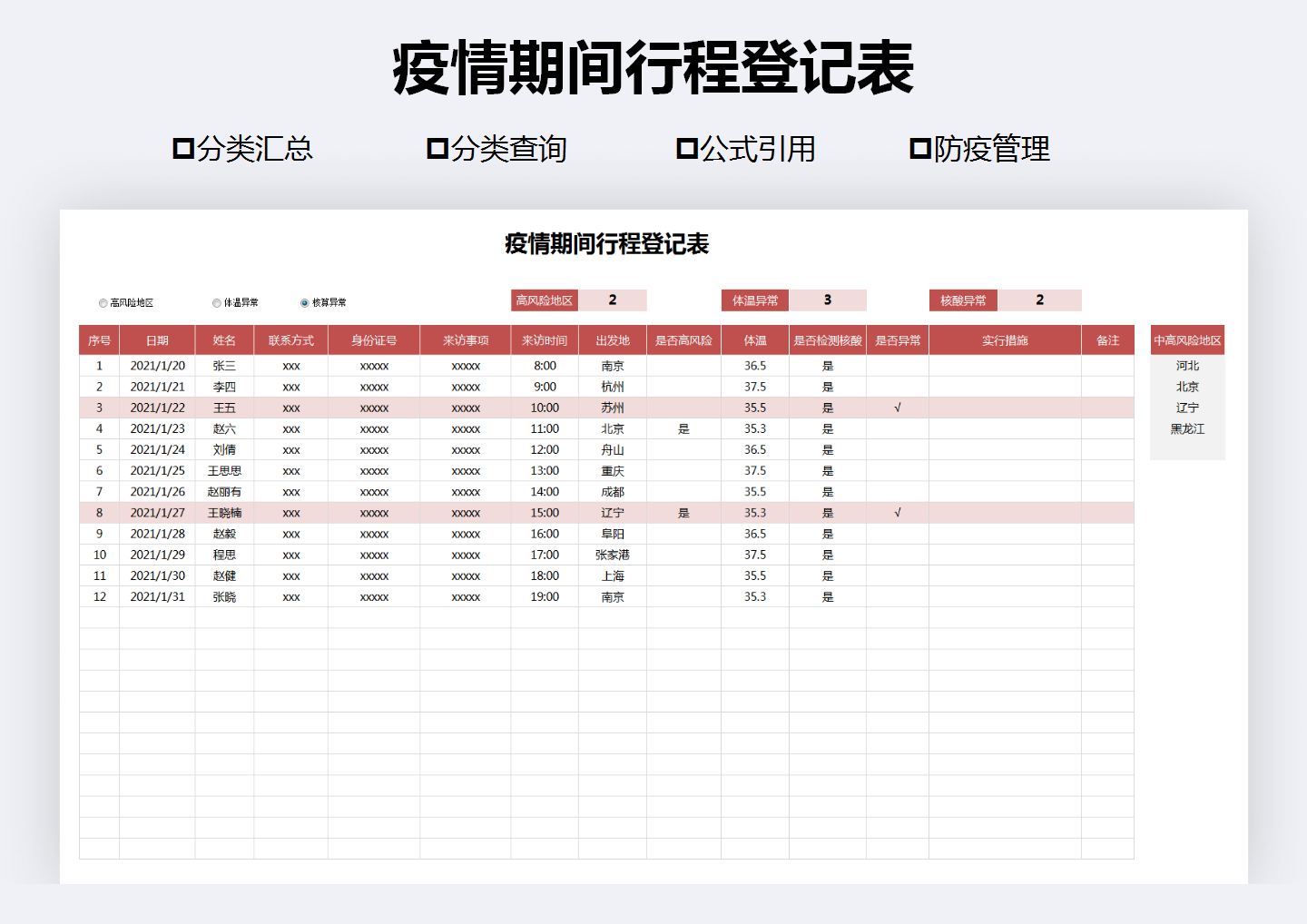 疫情期间行程登记表