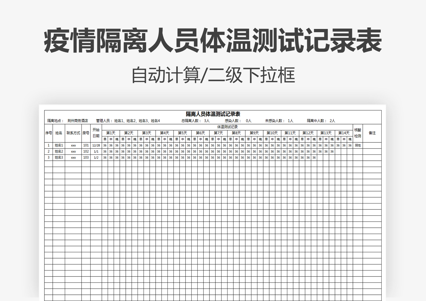 疫情隔离人员体温测试记录表