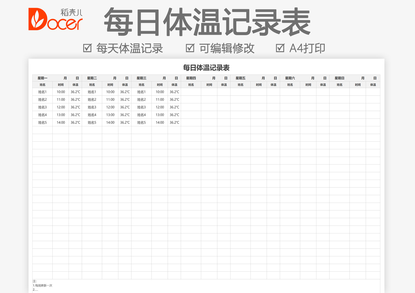 每日体温记录表