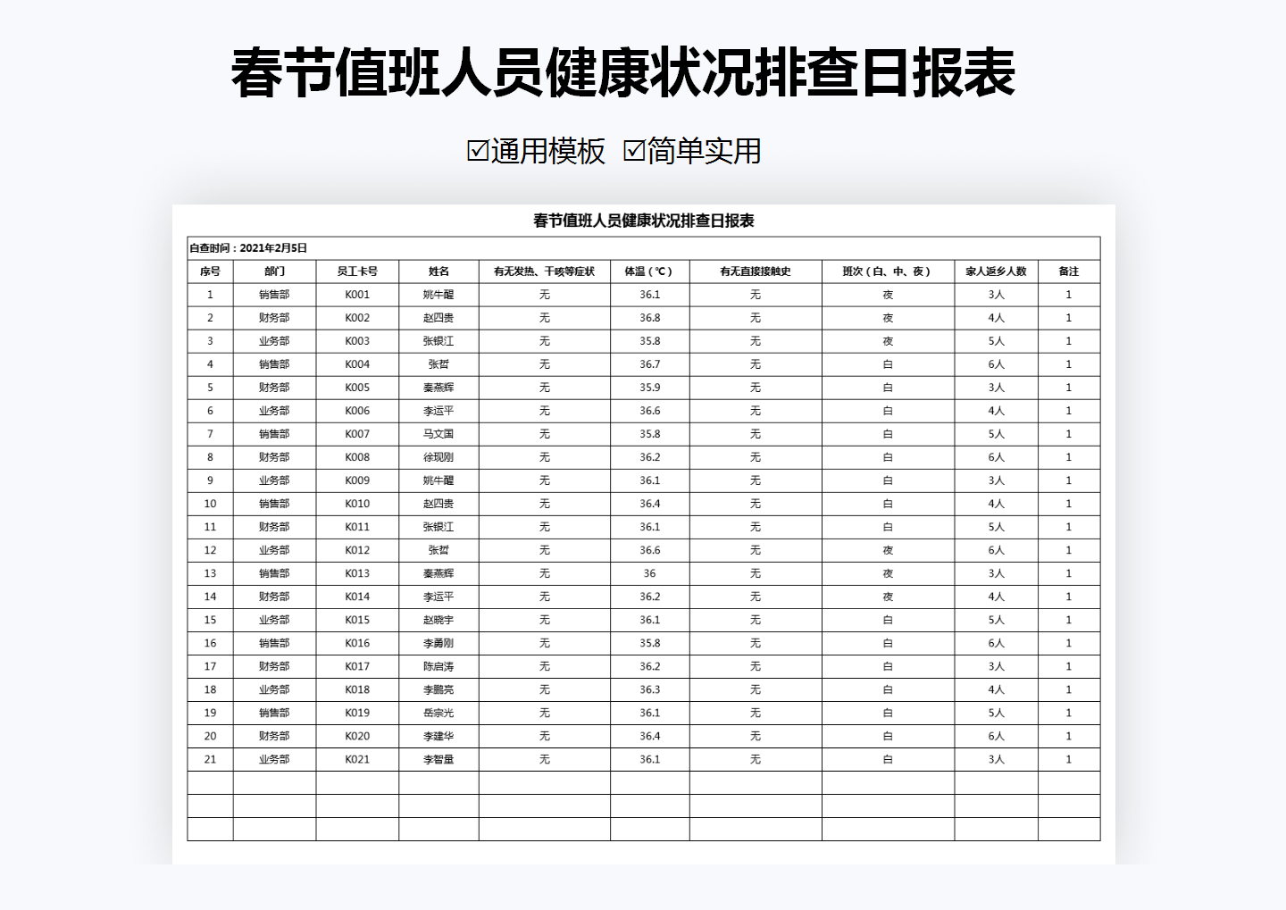 春节值班人员健康状况排查日报表