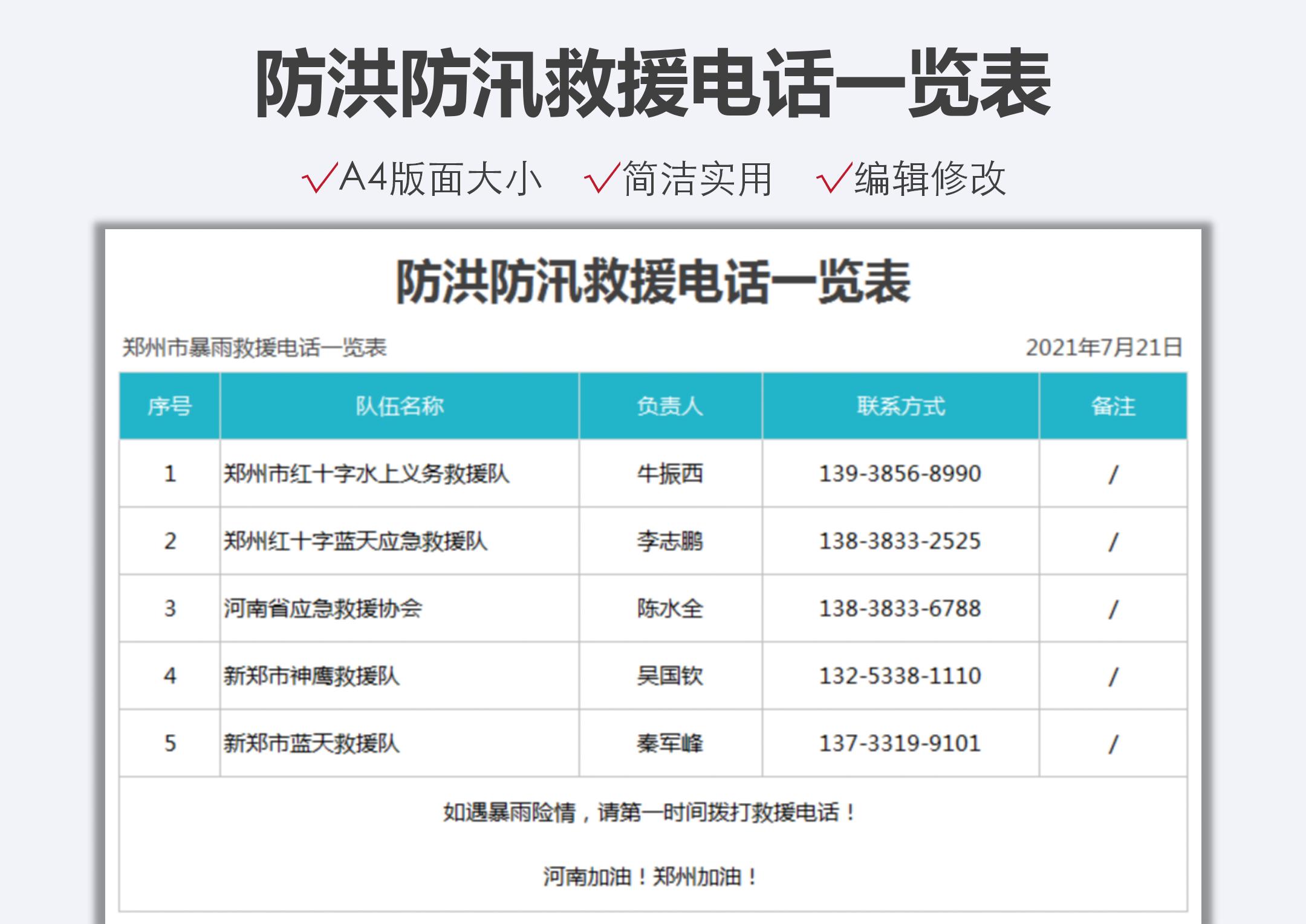 防洪防汛救援电话一览表