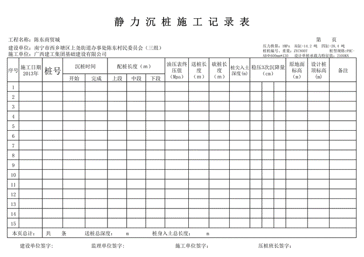 静压管桩压桩记录表