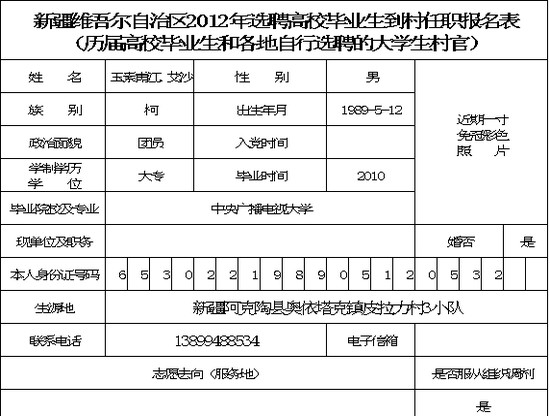 历届高校毕业生到村任职登记表